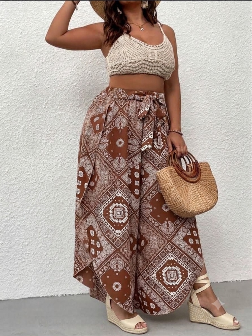 Boho Wide-Leg Bandana Print Palazzo Side Slit Pants